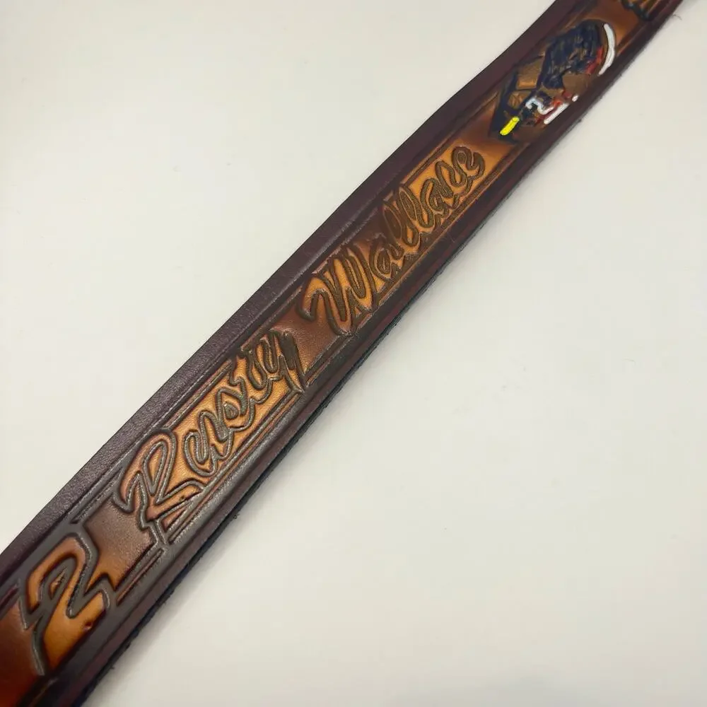 Vintage 80s Rusty Wallace Nascar Hand Tooled Leather Belt Size Medium Handmade